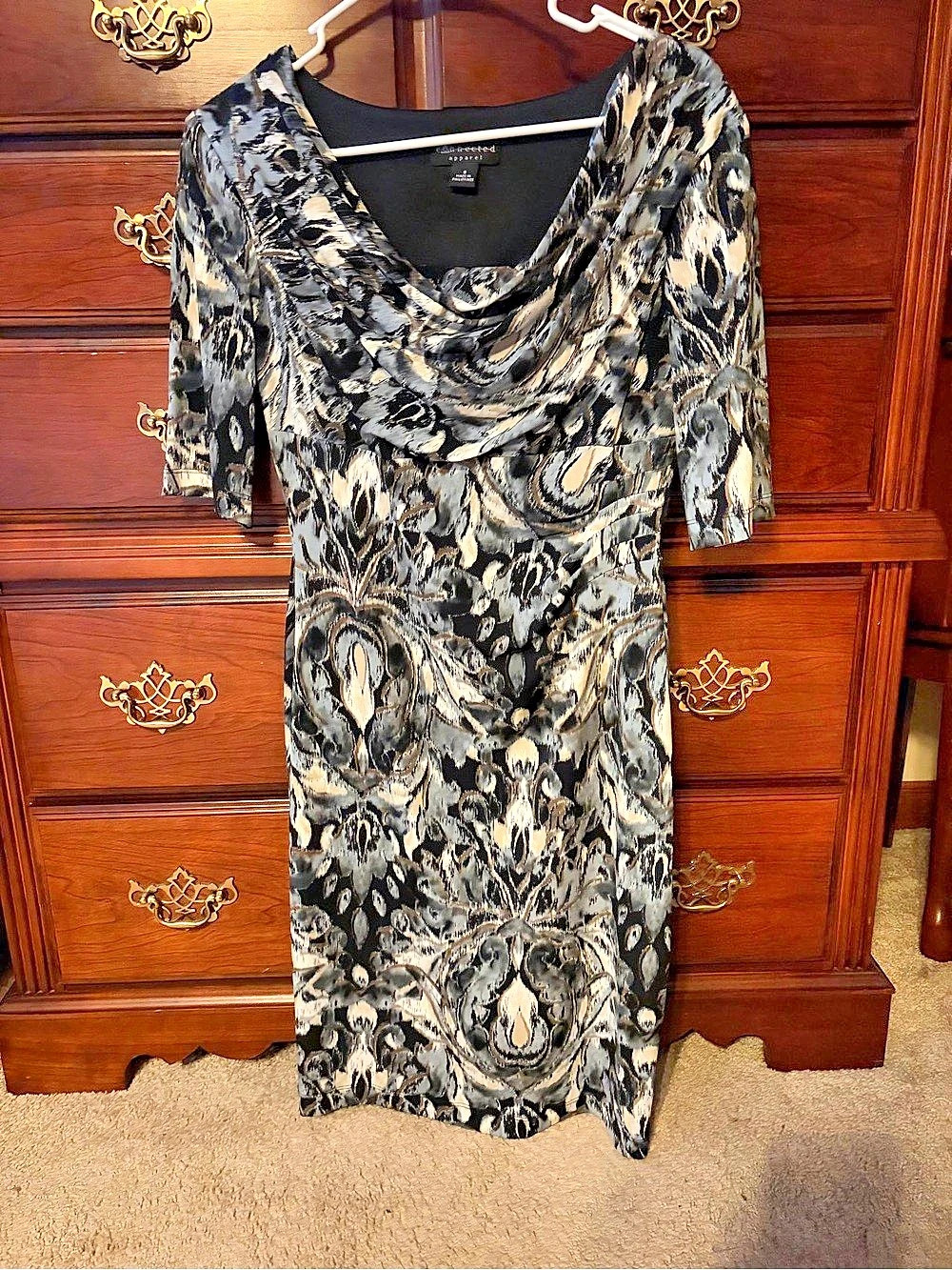 Connected Apparel Cowl Neck Abstract Print Sheath Dress Midi Dress